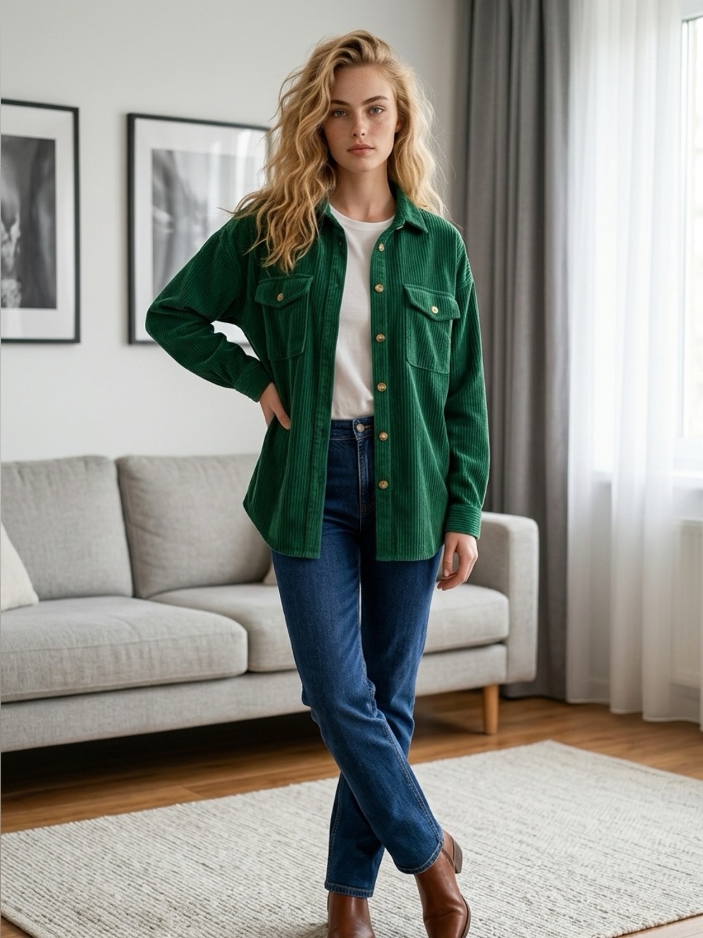 BETTER BE Emerald Green Corduroy Shacket Womens Small Oversized Shirt Jacket - Picture 3 of 13